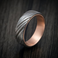 Damascus Steel Mens Ring with 14K Rose Gold Sleeve