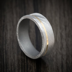 Damascus Steel Men's Ring with Cerakote Sleeve and Gold Inlay