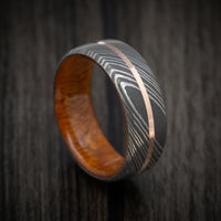 Damascus Steel Men's Ring with Gold Inlay and Wood Sleeve
