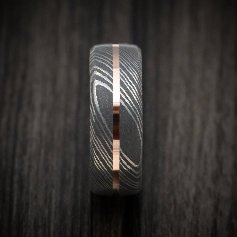 Damascus Steel Men's Ring with Gold Inlay and Wood Sleeve