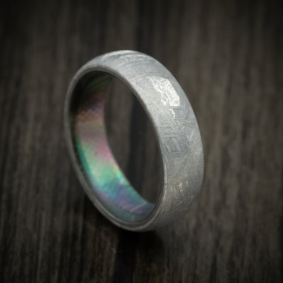 Gibeon Meteorite Men's Ring with Black Mother of Pearl Shell Sleeve