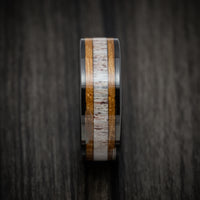 Black Tungsten Men's Ring with Whiskey Barrel Wood and Antler Inlays