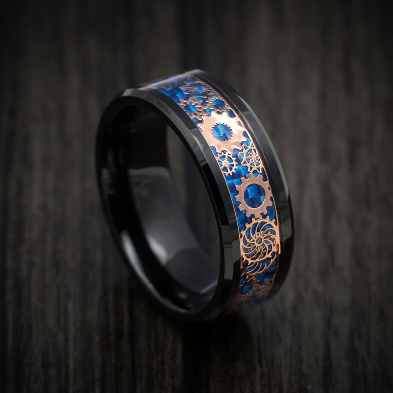 Black Tungsten Men's Ring with Blue Carbon Fiber and Mechanical Pattern