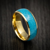Yellow Gold Tungsten Men's Ring with Turquoise Inlay Custom Made Band