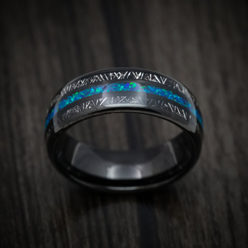Black Tungsten Men's Ring with Opal and Titanium Shaving Inlays