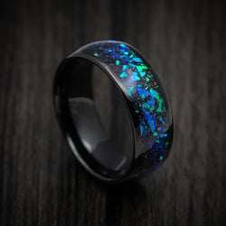 Black Tungsten Men's Ring with Opal and Abalone Inlay