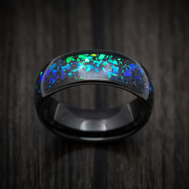 Black Tungsten Men's Ring with Opal and Abalone Inlay