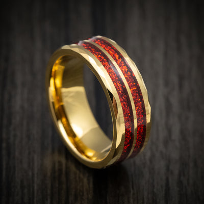 Golden Tungsten Men's Ring with Red Spark Inlay Band