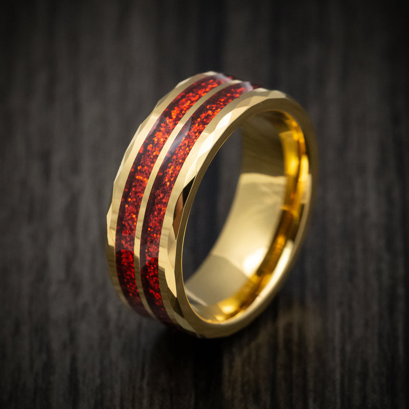 Yellow Gold Tungsten Men's Ring with Red Spark Inlay Custom Made Band