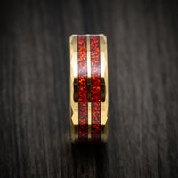 Yellow Gold Tungsten Men's Ring with Red Spark Inlay Custom Made Band