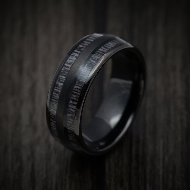 Black Tungsten Men's Ring with Charcoal Wood Inlays