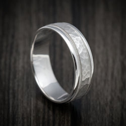 14K White Gold Hammer Millgrain Design Wedding Men's Band