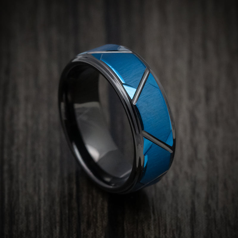 Black Tungsten Men's Ring with Anodized Blue Accents Custom Made Band