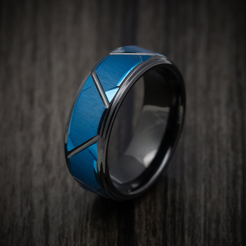 Black Tungsten Men's Ring with Anodized Blue Accents Custom Made Band
