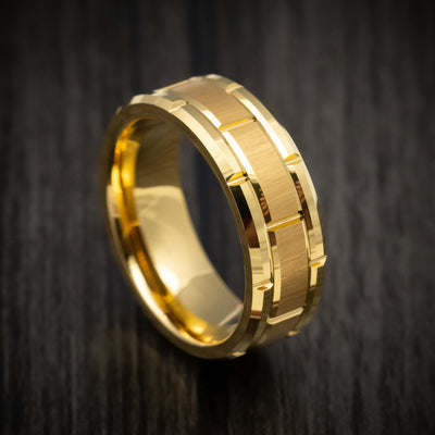 Golden Tungsten Men's Ring with Brick Design Band