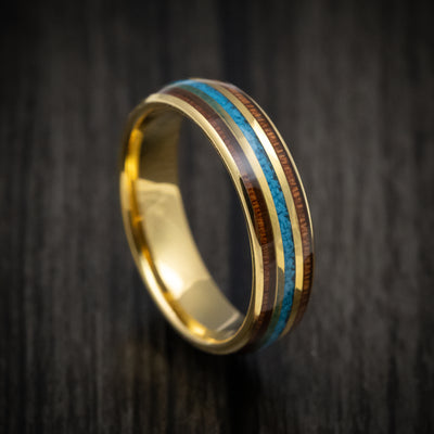 Golden Tungsten Men's Ring with Turquoise and Rosewood Inlays Band