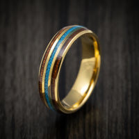 Yellow Gold Tungsten Men's Ring with Turquoise and Rosewood Inlays Custom Made Band