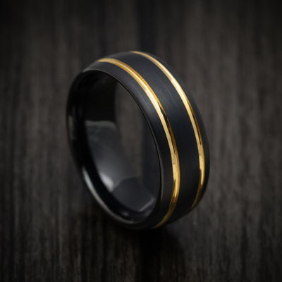 Black Tungsten Men's Ring with Golden Inlays Band