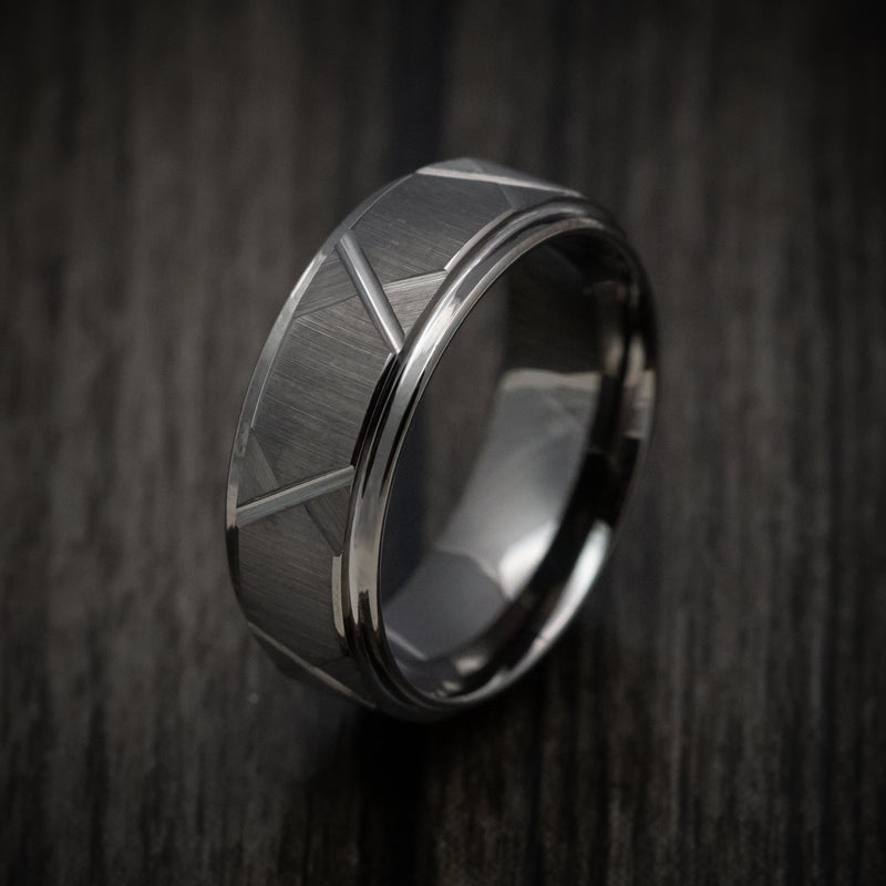 Gunmetal Tungsten Men's Ring with Geometric Design Custom Made Band