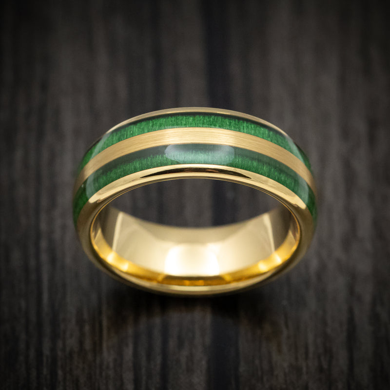 Yellow Gold Tungsten Men's Ring with Jade Wood Inlays