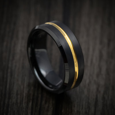 Black Tungsten Men's Ring with Golden Inlay Custom Made Band