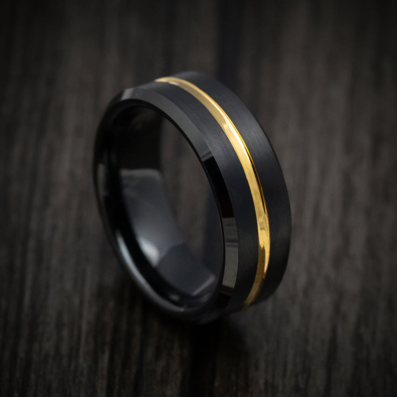 Black Tungsten Men's Ring with Yellow Gold Inlay Custom Made Band