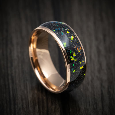 Golden Tungsten Men's Ring with Opal and Abalone Inlay