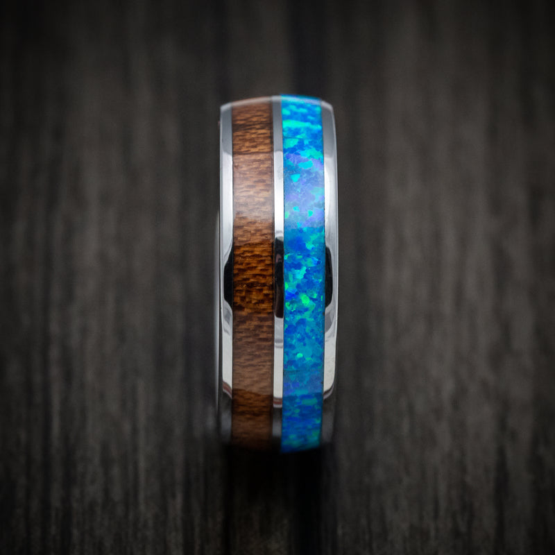 Tungsten Men's Ring with Opal and Koa Wood Inlays Custom Made Band