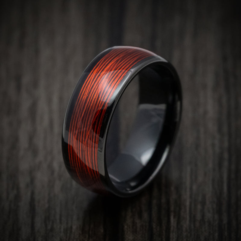Black Tungsten Men's Ring with Red Wire Inlay Custom Made Band