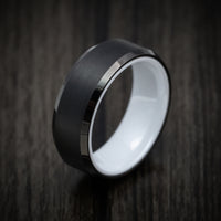 Black Tungsten Men's Ring with White Ceramic Sleeve Custom Made Band