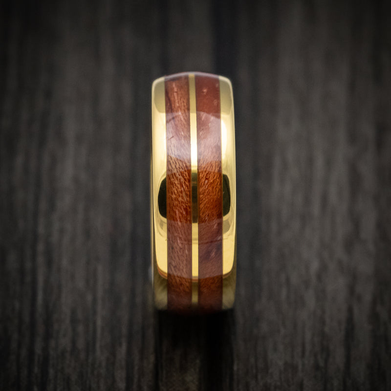 Yellow Gold Tungsten Men's Ring with Koa Wood Inlays