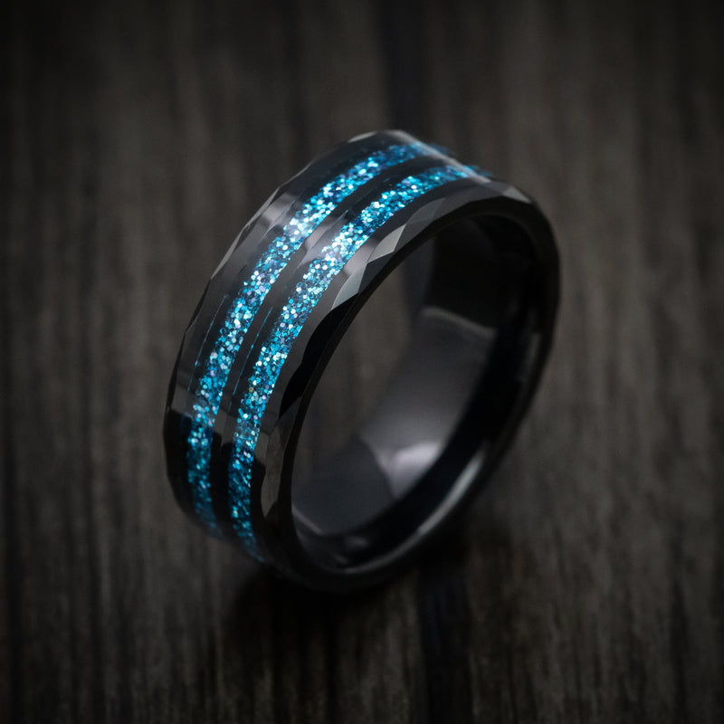 Black Tungsten Men's Ring with Blue Spark Inlays