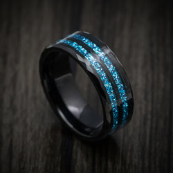 Black Tungsten Men's Ring with Blue Spark Inlays