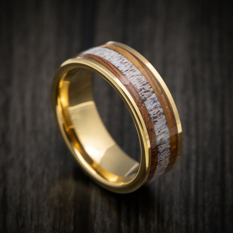 Yellow Gold Tungsten Men's Ring with Whiskey Barrel Wood and Antler Inlays