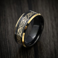 Black Tungsten Men's Ring with Gold Dragon Inlay