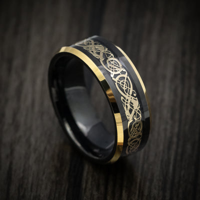 Black Tungsten Men's Ring with Golden Dragon Inlay