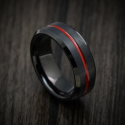 Black Tungsten Men's Ring with Red Line Inlay