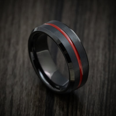 Black Tungsten Men's Ring with Red Line Inlay