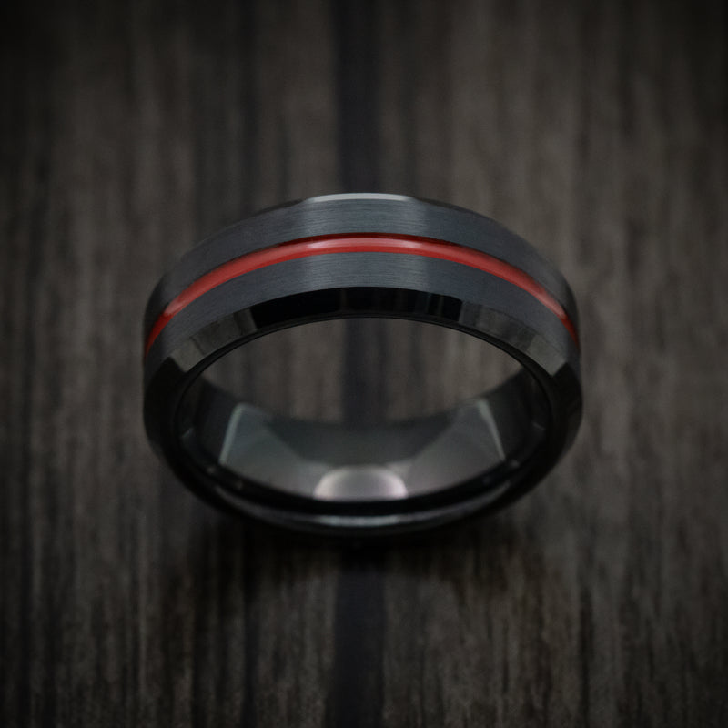 Black Tungsten Men's Ring with Red Line Inlay