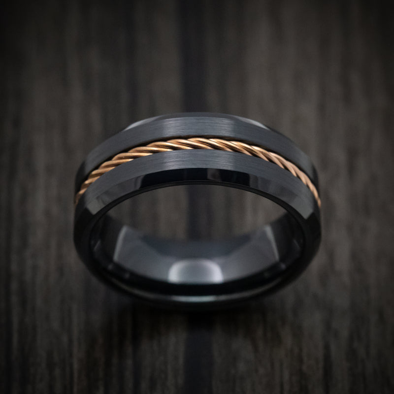 Black Tungsten Men's Ring with Rose Gold Rope Inlay