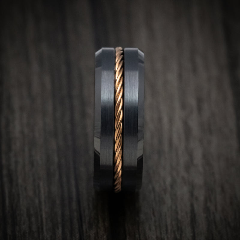 Black Tungsten Men's Ring with Rose Gold Rope Inlay