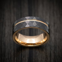 Black Tungsten Faceted Men's Ring with Rose Gold Inlay and Sleeve