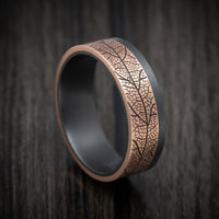 Darkened Tantalum and Leaf Design 14K Rose Gold Inlay Men's Ring