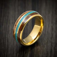 Yellow Gold Tungsten Men's Ring with Rose Wood and Turquoise Inlays