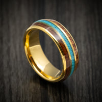 Yellow Gold Tungsten Men's Ring with Rose Wood and Turquoise Inlays