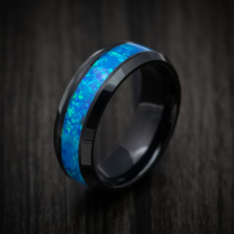 Black Tungsten Men's Ring with Opal Inlay