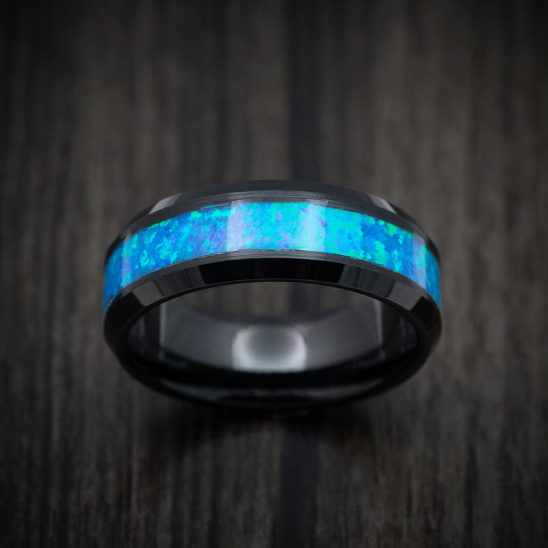 Black Tungsten Men's Ring with Opal Inlay