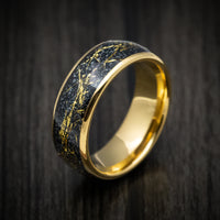 Yellow Gold Tungsten Men's Ring with Black and Gold Galaxy Inlay