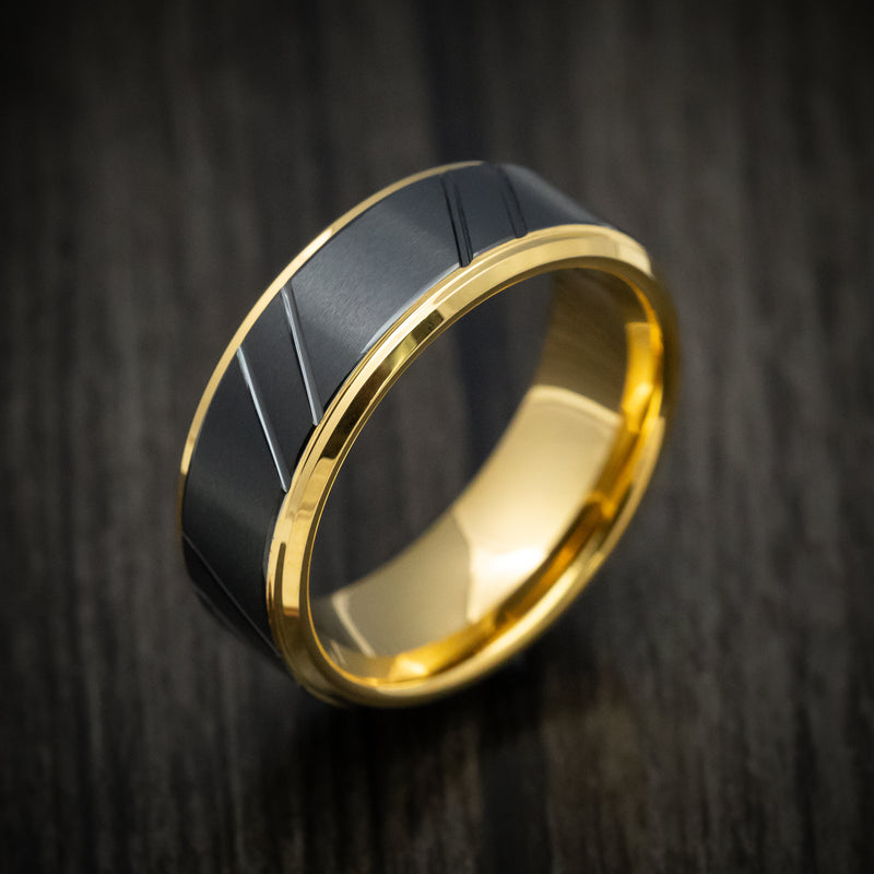 Yellow Gold Tungsten Men's Ring with Black Tungsten Inlay