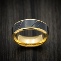 Yellow Gold Tungsten Men's Ring with Black Tungsten Inlay
